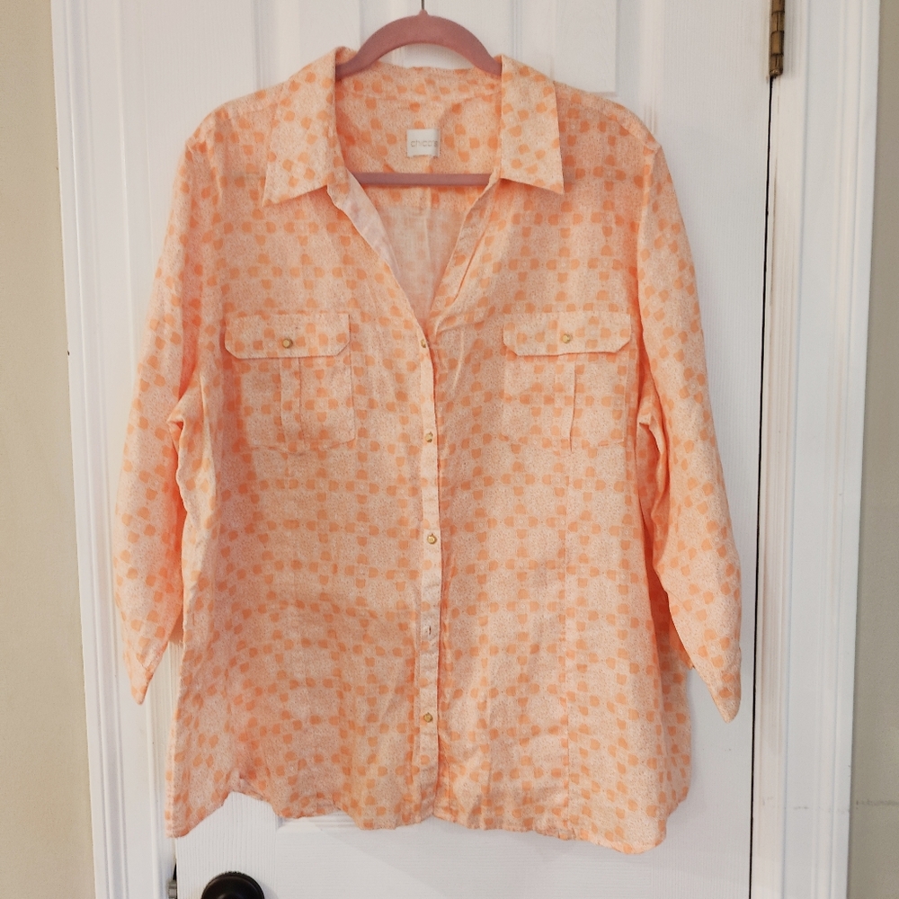 Chico's 100% Linen Button Down Shirt  Sz 14. Patterned Orange.